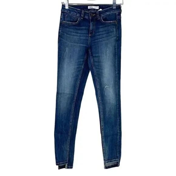 ZARA High Rise Semi Distressed Skinny Jean Pockets Stretch 2 Dark Wash #4034 - Picture 15 of 15